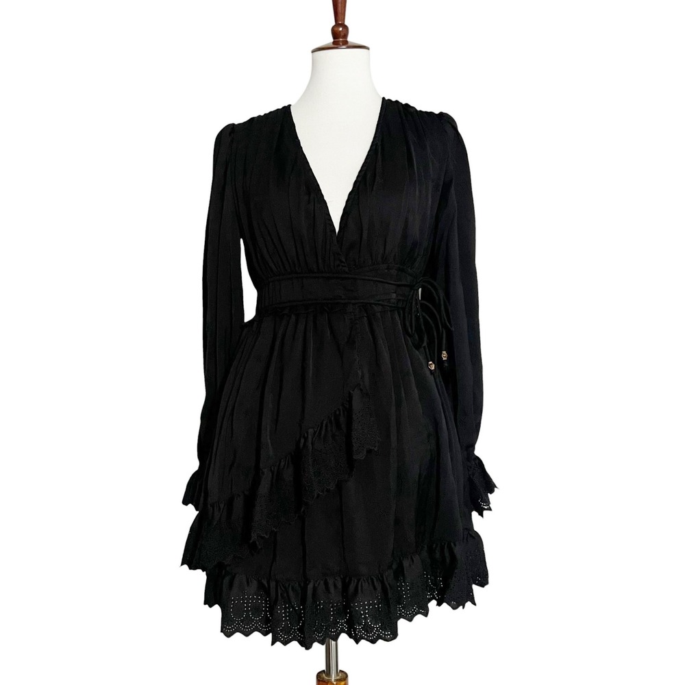 Free People Black Star Embroidered Eyelet Lace Ruffle Mini Dress Size Small
